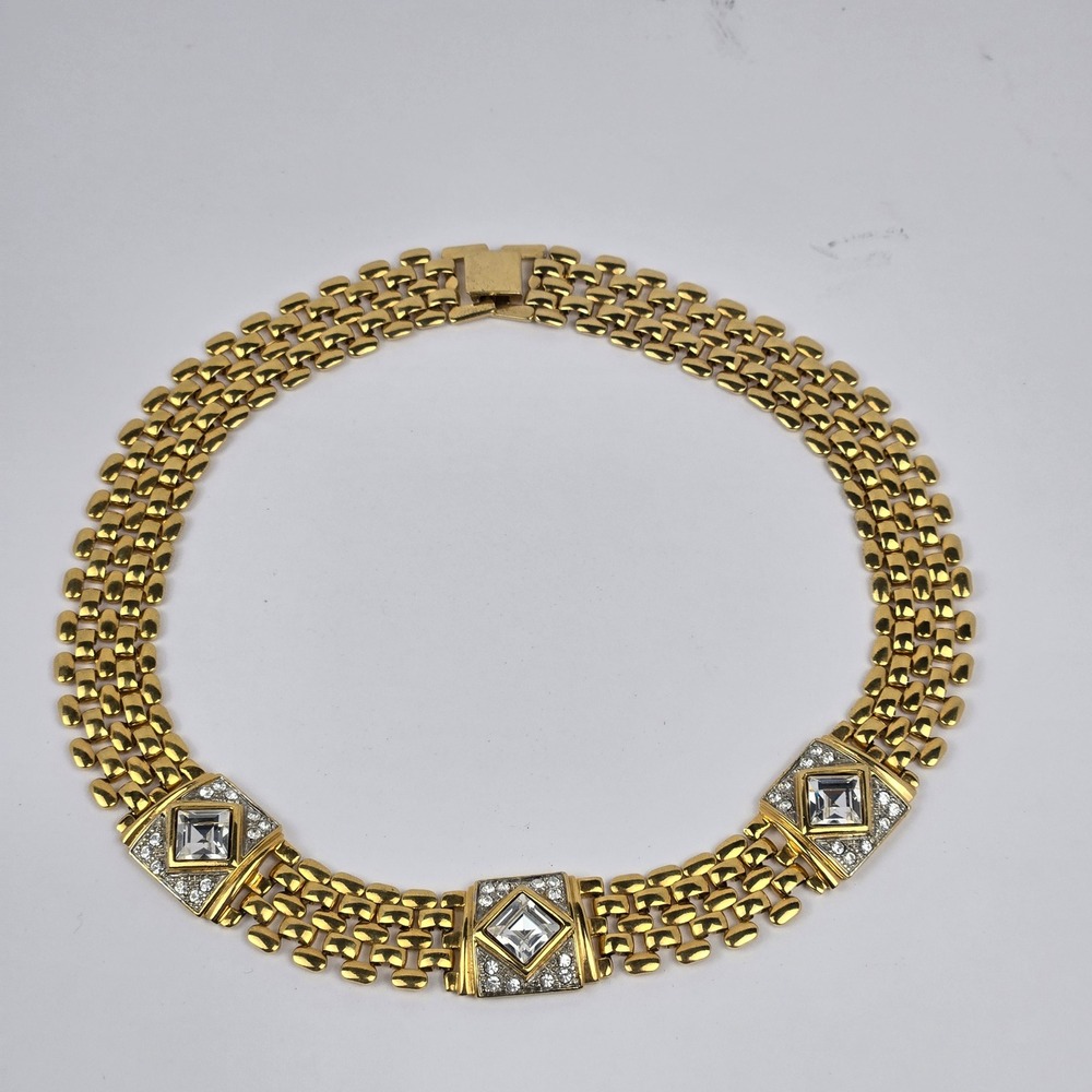 Vintage Gold Tone Panther Link Collar Necklace Square Crystal Rhinestone
